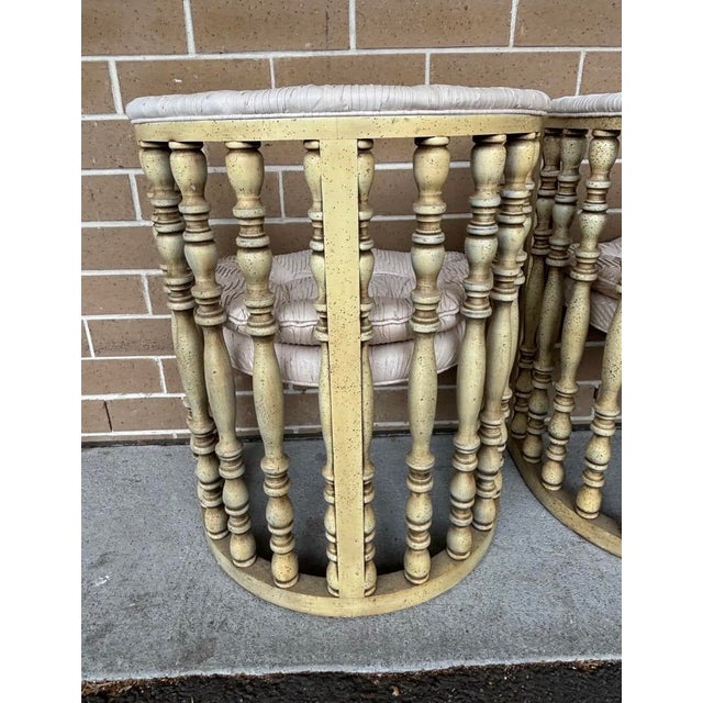 Vintage Hollywood Regency Distressed Cream Washed Spindle Barrel Chairs With Chinese Horseshoe Design, a Pair For Sale - Image 6 of 11