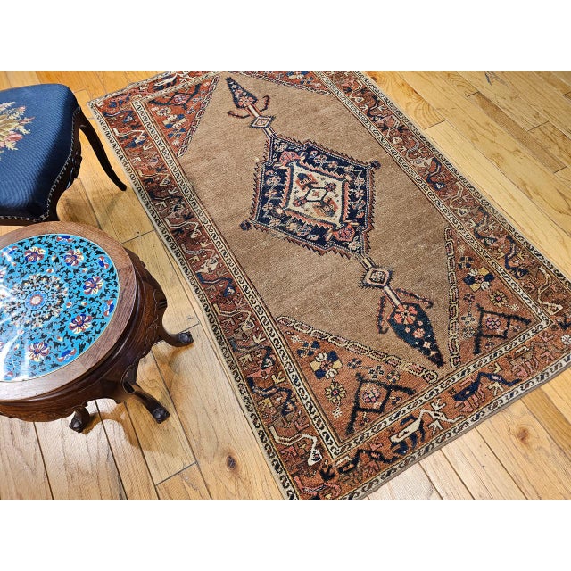 Vintage Persian Malayer Area Rug, Hand-Knotted Wool, Geometric Medallion Pattern, Camelhair & Red, 4x7 For Sale In Chicago - Image 6 of 16