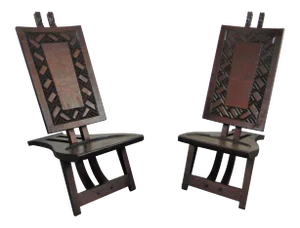 Mid Century Tiki Carved Mahogany Lounge Chairs - a Pair