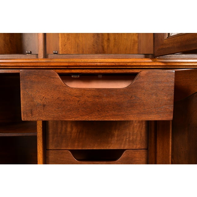 Wood Henredon French Provincial Louis XV Carved Walnut Lighted Breakfront Bookcase Cabinet, Circa 1970s For Sale - Image 7 of 17