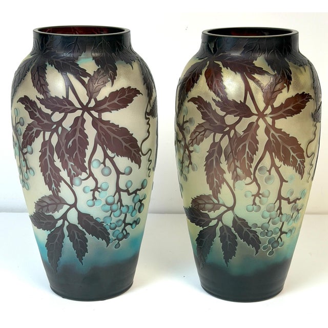 Glass Pair of Stunning French Cameo Glass Vases in the Style of Gallé For Sale - Image 7 of 14
