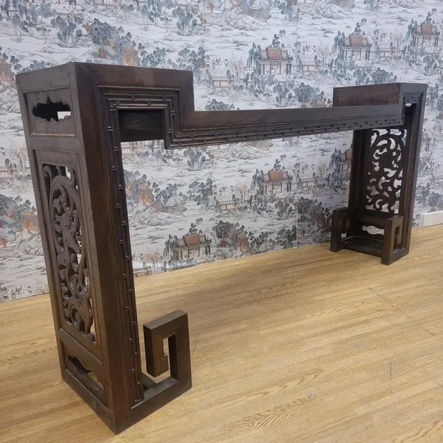 Brown Antique Chinese Elm Altar Table With Pierced Carved Panels For Sale - Image 8 of 11
