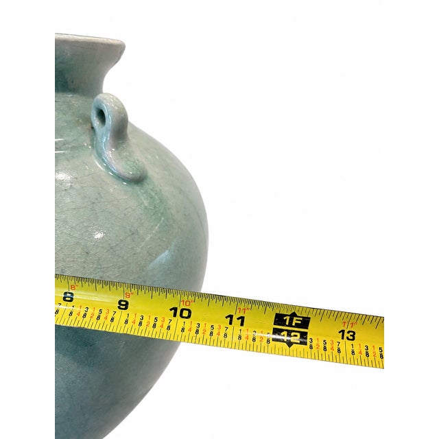 Mid-Century Modern Vintage 1970's Celadon Crackle Glaze Double-Handle Vase For Sale - Image 3 of 7