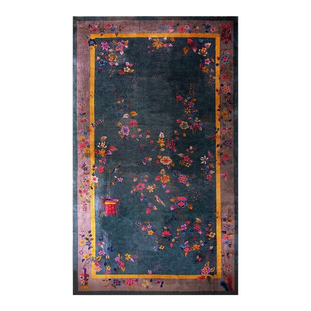 A Wonderful Green Background Color Antique Handmade Wool Chinese Rug by Nichols Workshop For Sale