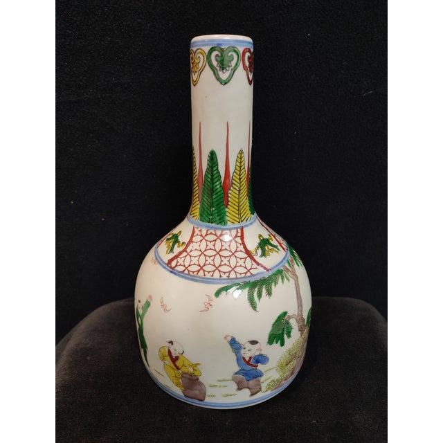 Chinese Ceramic Vase Jiajing Marked Famille Verte Doucai Porcelain Bell‑shaped Zun Vase Hand Painted Playing Children Pattern For Sale - Image 10 of 11