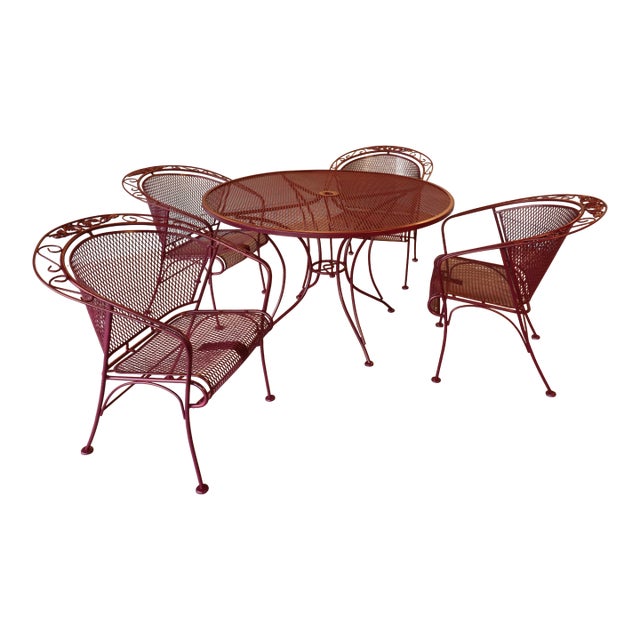 Mid-Century Russell Woodard Grapevine Wrought Iron Patio Dining Set, 5 Pieces, C. 1950s, Attributed For Sale