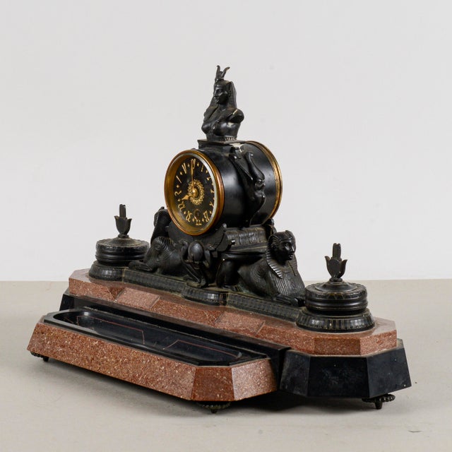 Neo-Egyptian Bronze Mantel Clock in Polychrome Marble For Sale - Image 11 of 18
