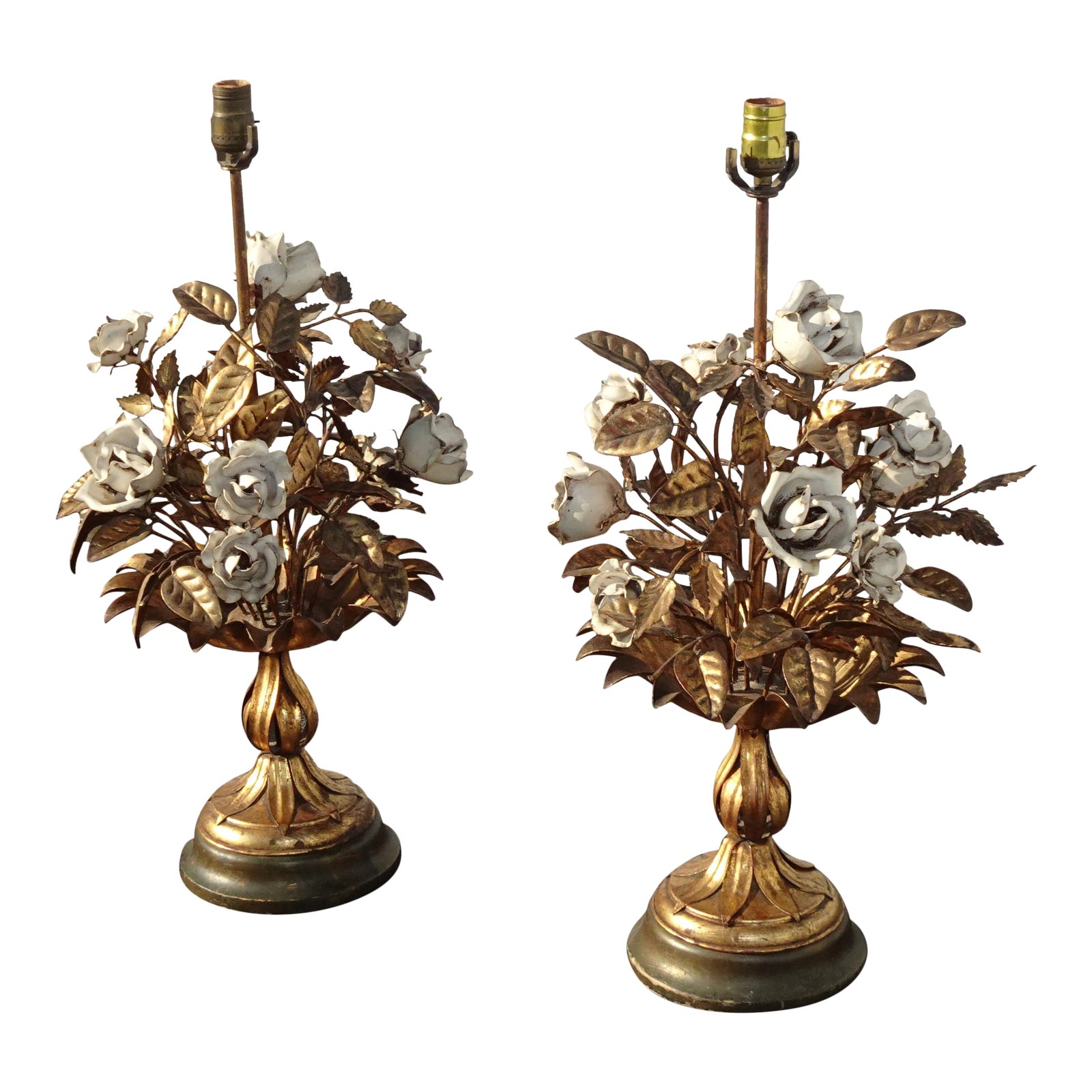 Vintage Italian Tole Gold Gilt Metal White Floral Table Lamps Lights