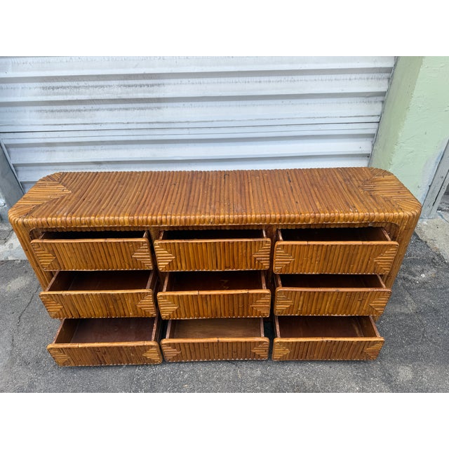 Asian 1970's Waterfall Rattan 9 Drawer Long Chest Style of Gabriella Crespi For Sale - Image 3 of 15
