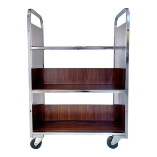 Vintage Chrome and Wood Veneer Rolling Library Book Cart For Sale