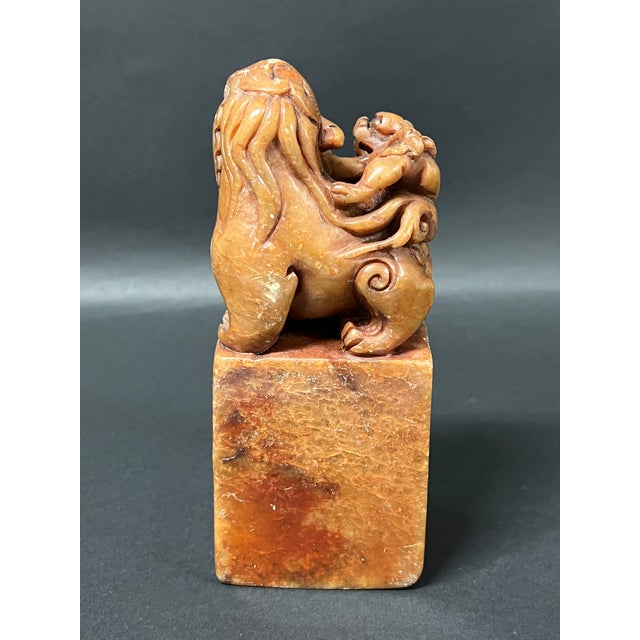 Stone Vintage Large Chinese Art Carved Soapstone Seal With Foo Dog Sculpture For Sale - Image 7 of 11