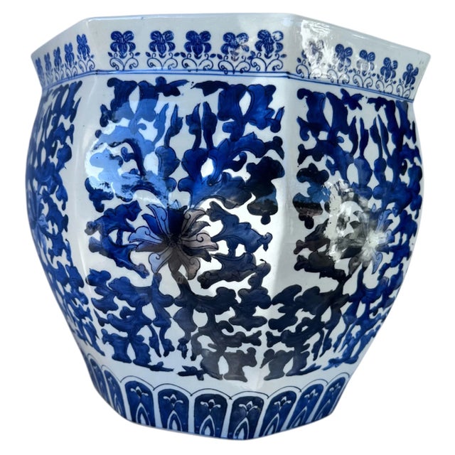 1990s Blue and White Cachepot Jardienere Plant Holder Chinoiserie Porcelain Ceramic Chinese Asian For Sale - Image 12 of 12