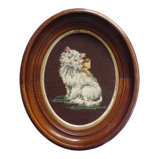 Vintage Needlepoint Cat in Old Mahogany Oval Frame For Sale