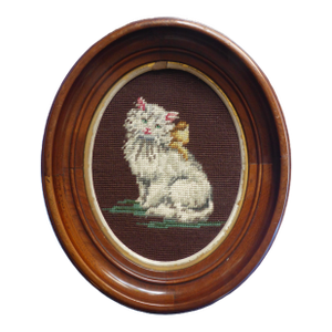 Vintage Needlepoint Cat in Old Mahogany Oval Frame