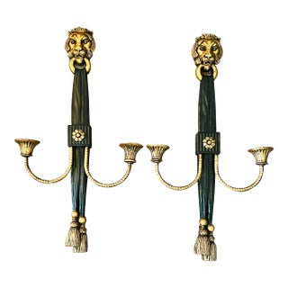 Vintage Lionhead Black and Gold 2-Arm Sconces- a Pair For Sale