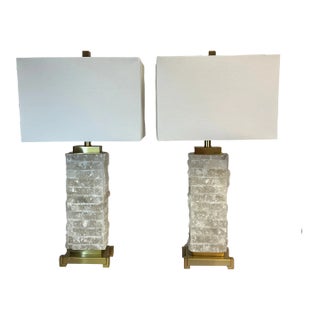 1990s Vintage Hollywood Regency Tessellated Stacked Quarts Stone Table Lamps - A Pair For Sale