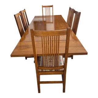 1990s Gustov Stickley Oak Trestle Dining Room Table and 6 Chairs Set of 7 For Sale
