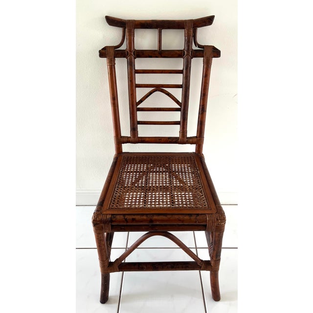 Chinoiserie Vintage Burnt Bamboo Pagoda Tortoise Side Chair For Sale - Image 3 of 8