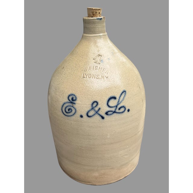 Tan Early 20th Century J. Fisher Lyons Ny 4 Gallon E & L Blue Script Decorated Stoneware Crock Jug For Sale - Image 8 of 8