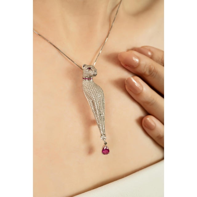 Contemporary 2.43 Ct Diamond Panther Brooch With Ruby Accents in 14k Gold For Sale - Image 3 of 16