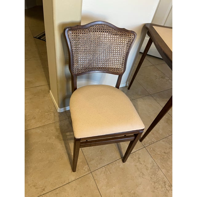 Wood Vintage Mid-Century Stakmore Card Table With 2 Stakmore Folding Cane Back Chairs For Sale - Image 7 of 12