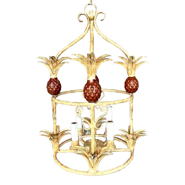 Vintage Coastal Painted Metal Pineapple Chandelier For Sale