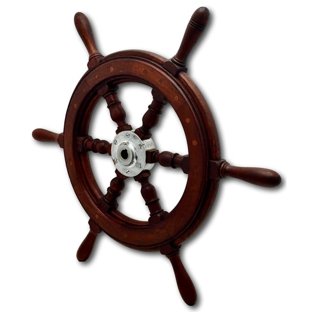 Fine Vintage Hand Made Large 25 Inch Authentic Mahogany & Rhodium Plated Brass Yacht - Ships Wheel - Mid 1900s For Sale In Boston - Image 6 of 18