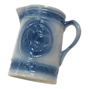 Antique Late 1800s American Blue Decorated Stoneware Milk Jug With Cows