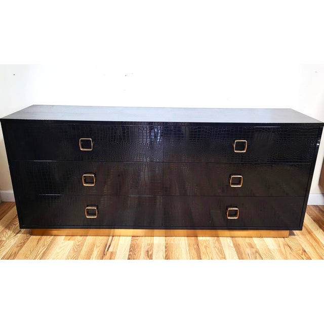 Contemporary Modern Black Faux Crocodile & Bronze Double Dresser Chest For Sale - Image 3 of 15