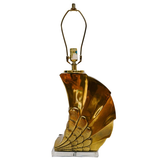 Mid 20th Century Brass Shell Table Lamps With Black Shades - Set of 2 For Sale - Image 9 of 12