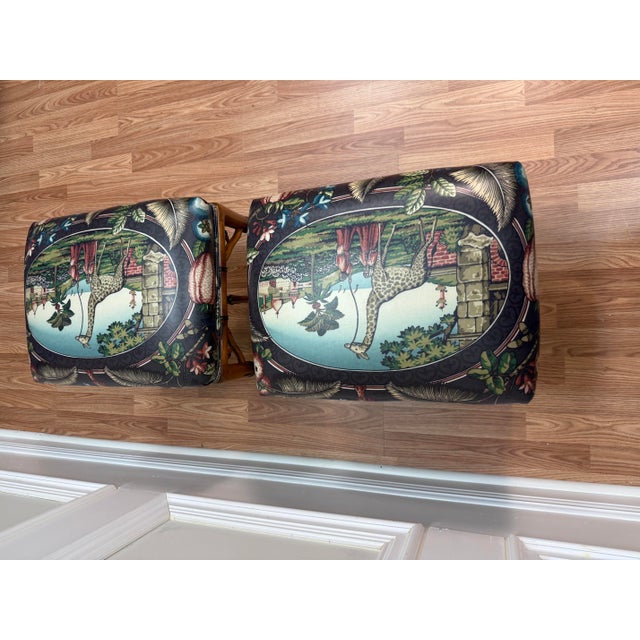 Hollywood Regency Vintage Faux Bamboo "Souvenir D'Afrique" Giraffe Ottomans / Stools - A Pair For Sale - Image 3 of 5