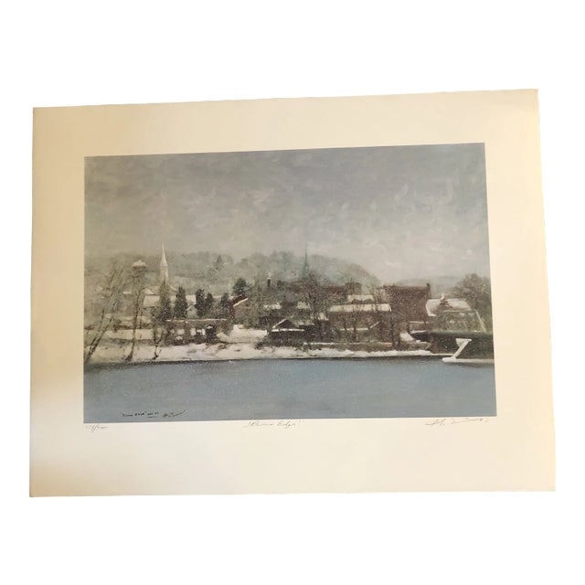 Original Bucks County Winter Lithograph Antony Michael Autorino “Rivers Edge” Lambertville For Sale