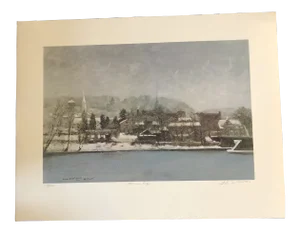 Original Bucks County Winter Lithograph Antony Michael Autorino “Rivers Edge” Lambertville