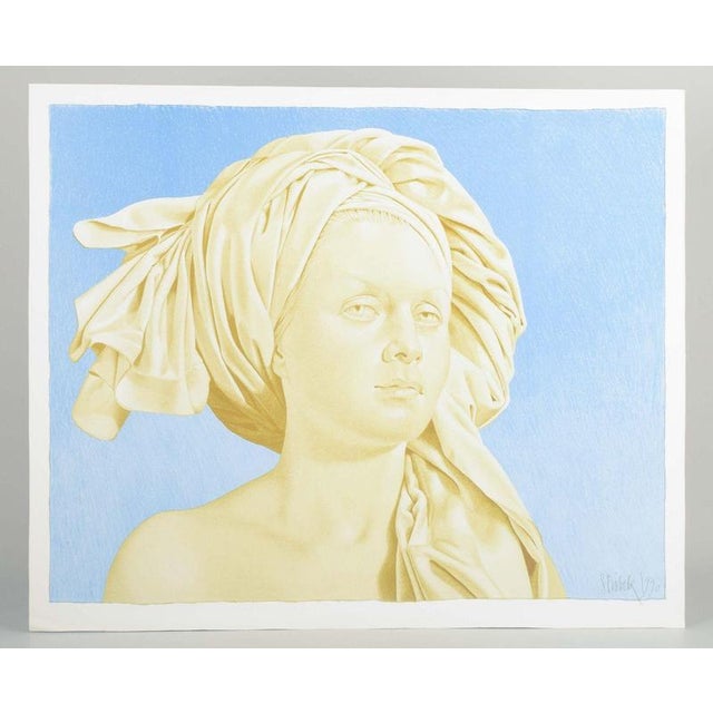 Niels Strøbek (b. 1944) Color lithograph. A naturalistic and meticulously rendered portrait of a woman with a headscarf,...