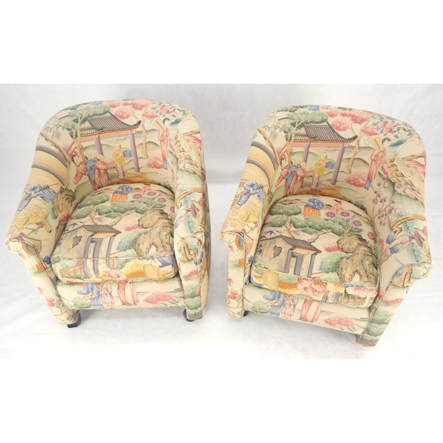 Mid-Century Modern Pair Asian Silk Motive Round Barrel Back Upholstery Lounge Chairs Casters MINT For Sale - Image 3 of 10