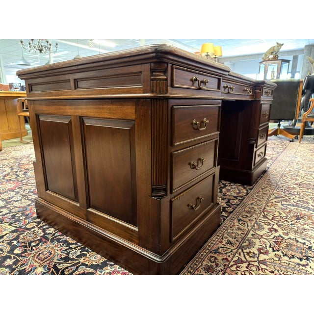 Wood English Partner Desk in Teak and Leather For Sale - Image 7 of 18