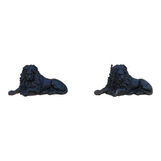 19th Century Antique English Cast Iron Lion Fireplace Andirons | Pair | Victorian Hearth Decor For Sale