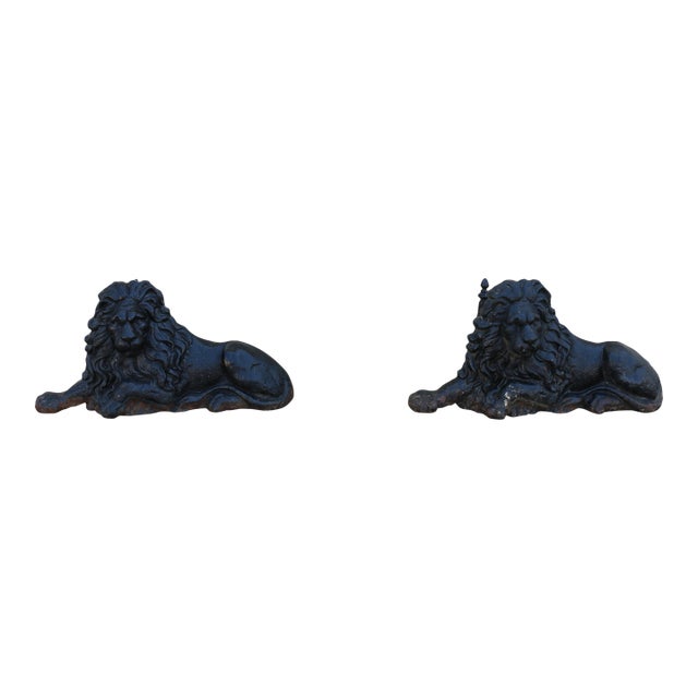 19th Century Antique English Cast Iron Lion Fireplace Andirons | Pair | Victorian Hearth Decor For Sale