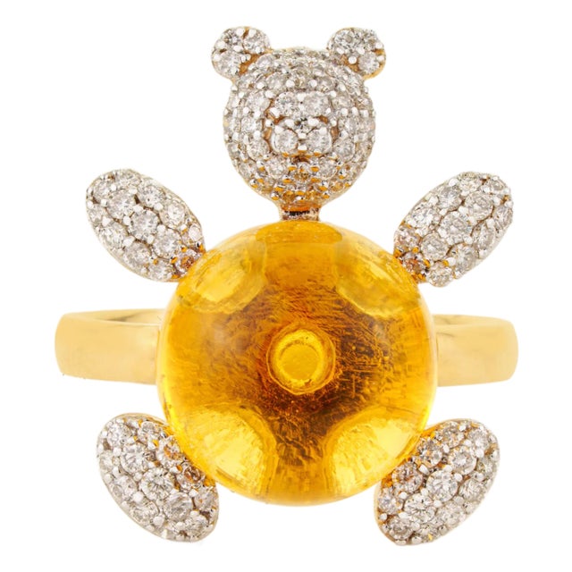 Whimsical Diamond Bear Cocktail Ring With 7.24ct Cabochon Citrine in 18k Gold Size 7 For Sale