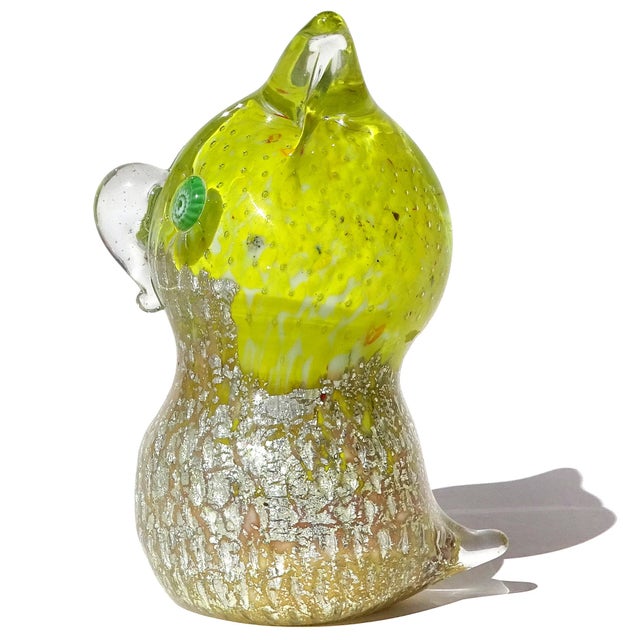 Mid 20th Century Vintage Murano Owl Yellow Silver Flecks Green Eyes Murrines Italian Art Glass Paperweight Figurine Sculpture For Sale - Image 5 of 9