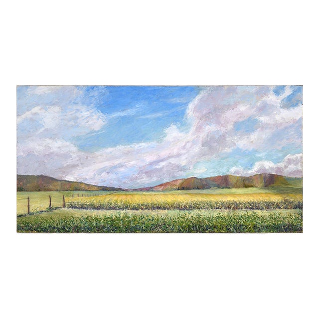 Purple Clouds Above Cornfields on the Farm - Landscape in Oil on Masonite For Sale