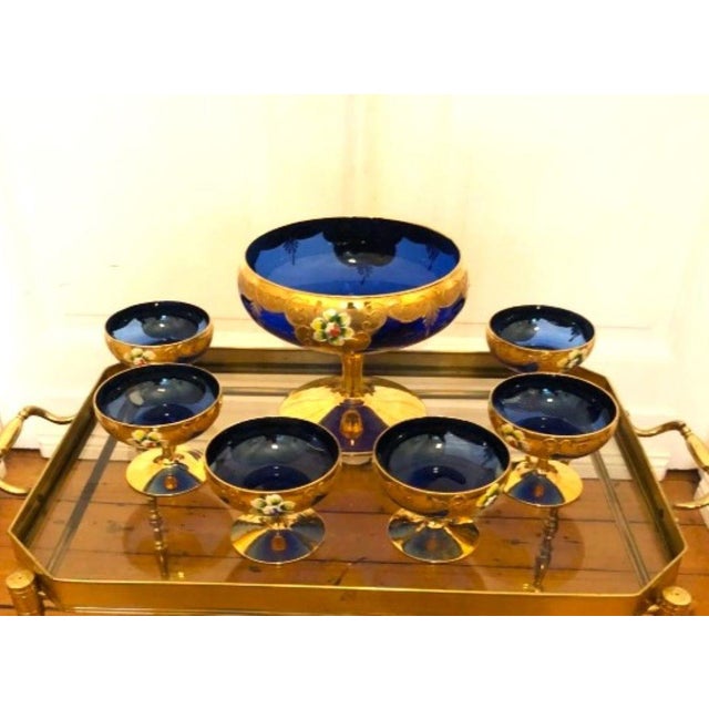 Vintage Venetian Tre-Fuochi Murano Dessert Set with Fruit Goblet and Coupes in Cobalt Blue and 24kt Gold-Plated Enamel, 1920s, Set of 7 For Sale - Image 9 of 9