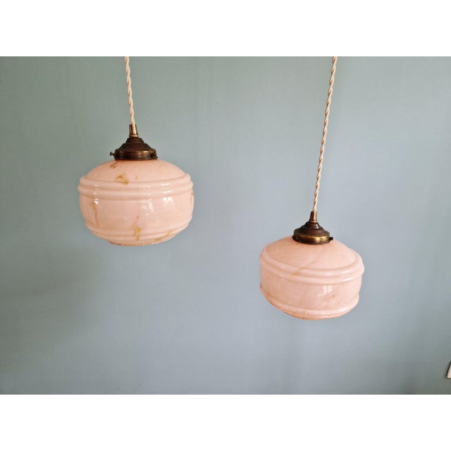 Art Deco Pendant Lights in Pink Marbled Opaline Glass, 1930s, Set of 2 For Sale - Image 3 of 15