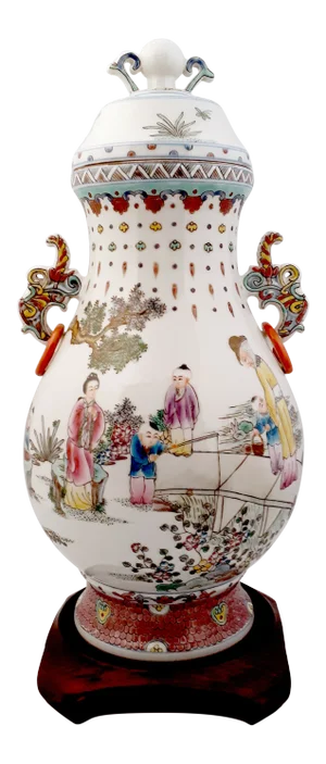 Early 20th Century Chinese Porcelain Lidded Hu Form Landscape Vase