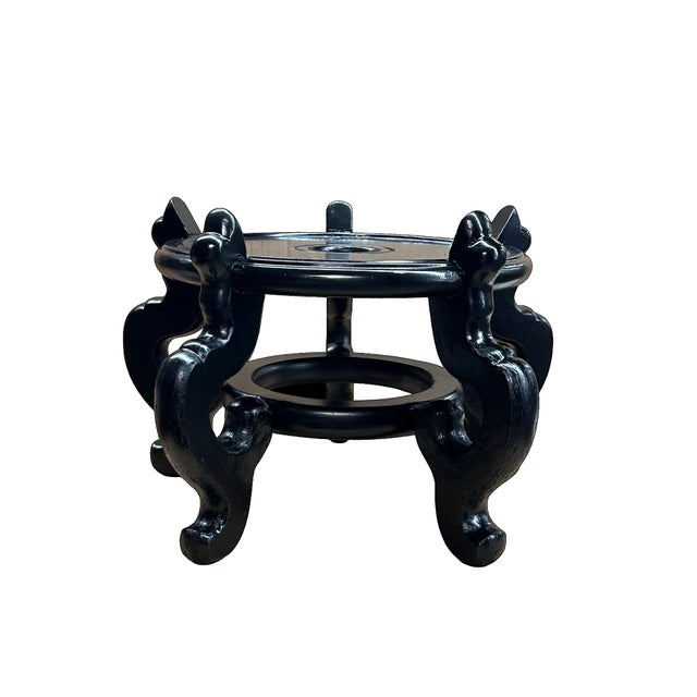 1980s Black Lacquer 5 Curved Legs Round 10.5" Wood Plant Vase Display Stand For Sale - Image 5 of 7