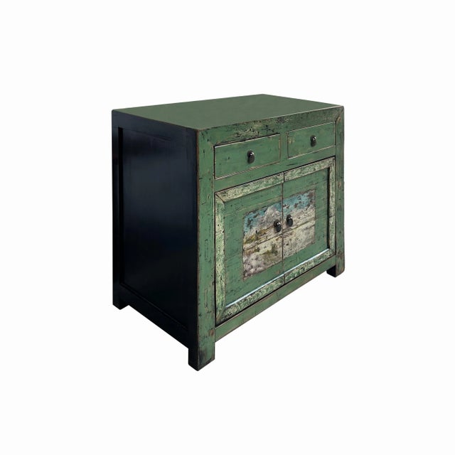 Chinese Distressed Apple Green Graphic Sideboard Console Cabinet For Sale - Image 4 of 6