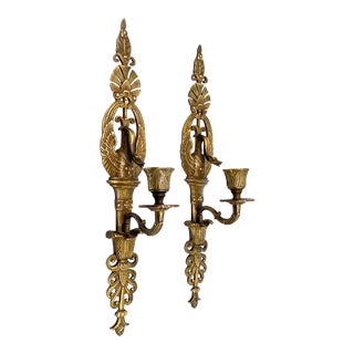 1940's Italian Gilt Bronze Swan Bird Wall Candles Sconces- a Pair - Hollywood Regency, French Empire For Sale