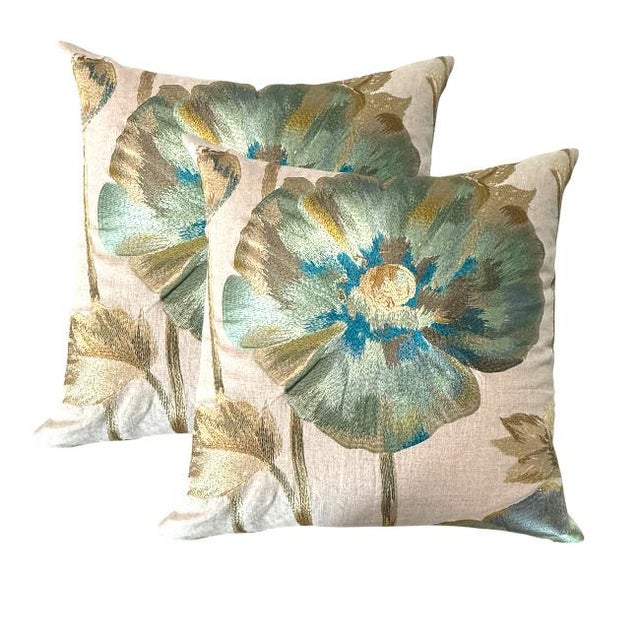 Textile "Opium" Embroidered Linen Pillows – Azure For Sale - Image 7 of 7