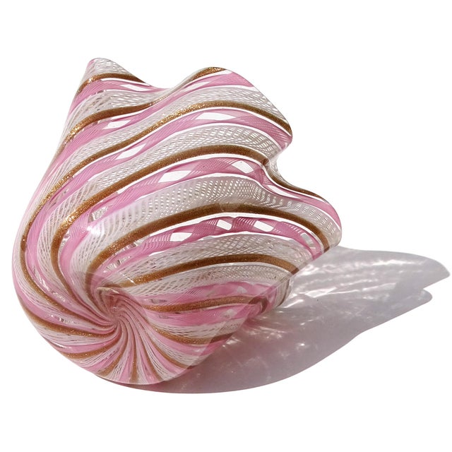 Glass Fratelli Toso Murano Vintage Italian Pink White Ribbons Art Glass Fazzoletto Vase Mid 20th Century For Sale - Image 7 of 7