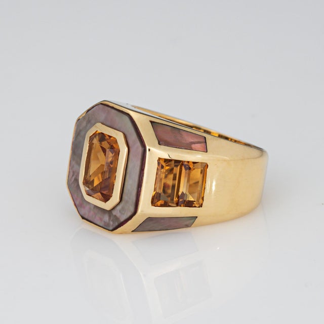 French Arfan Ring Citrine Mop Sz 6 18k Yellow Gold Square Cocktail Jewelry For Sale - Image 4 of 7